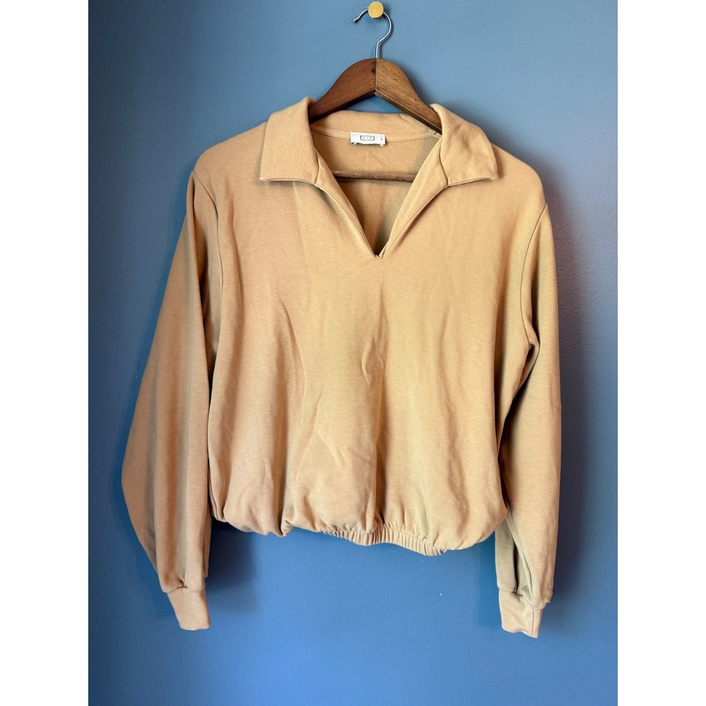 AYR Women Tan Camel Pima Cotton Blend V-Neck Collared Pullover Sweatshirt Size M